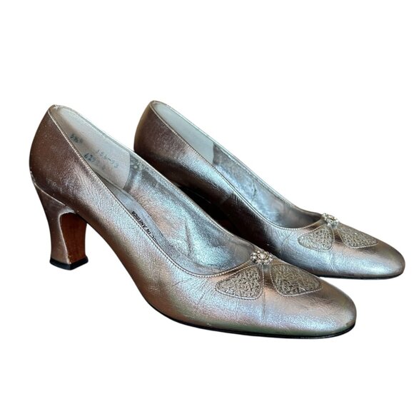 Vintage Hill and Dale Metallic Silver Pinup Jeweled Pumps 5.5 N USA - Picture 3 of 9